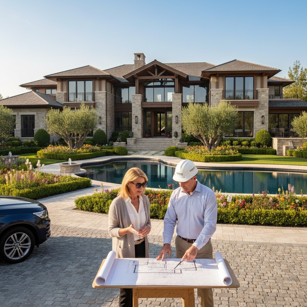 Successful contractor reviewing project plans with a homeowner at a custom home build