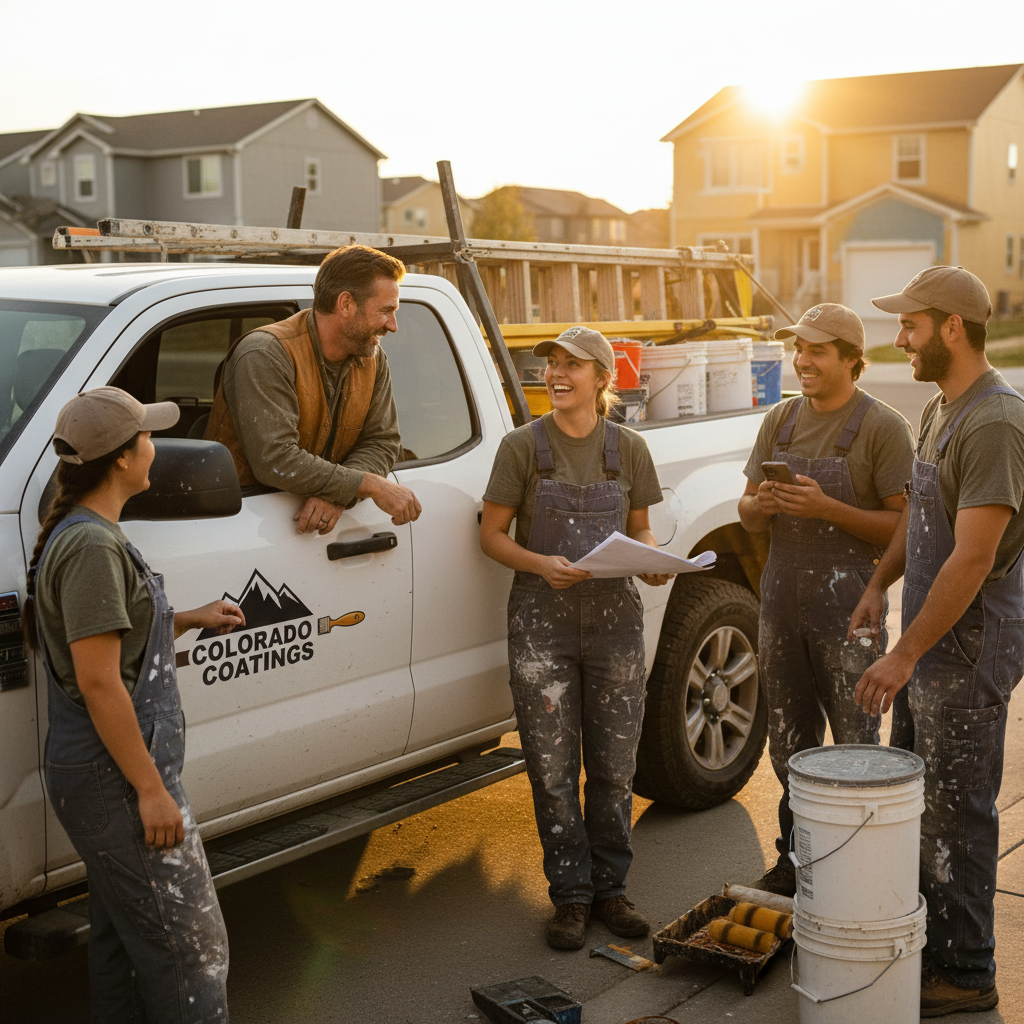 Painting contractor crew at job site with painted truck and paint supplies