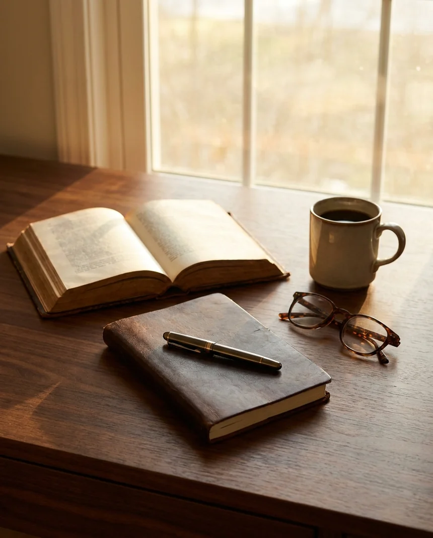 An open Bible, a business planner, and coffee in warm morning light — faith and strategy on the same desk